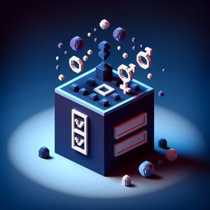3D voxel art depicting online surveys, focusing on gender-related questions, against a dark blue background.