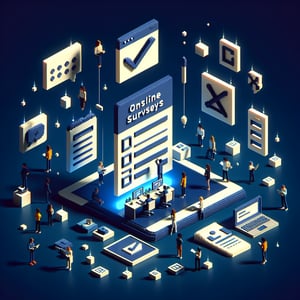 3D voxel art depicting the concept of online workshop evaluation surveys on a dark blue background.