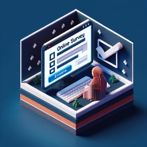 3D voxel art depicting online hijab surveys on a dark blue background.