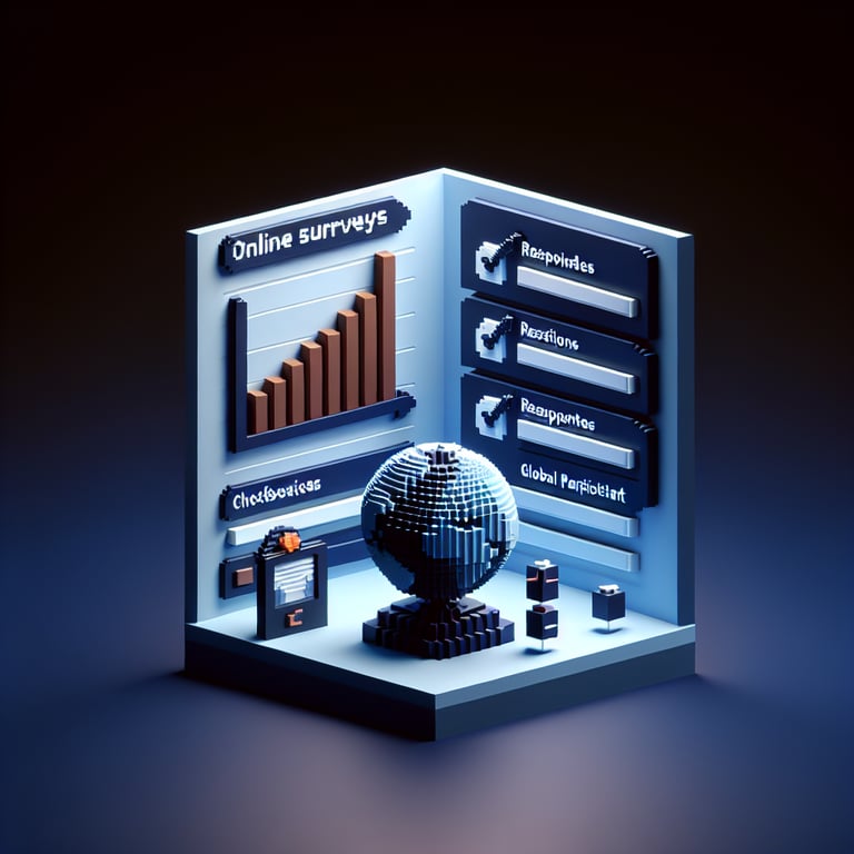 3D voxel art depicting online surveys on language questions, set against a dark blue background.