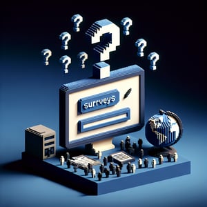 3D voxel art of various survey elements on a dark blue background, symbolizing online surveys and questions.