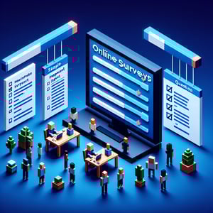 3D voxel art depicting online surveys on a dark blue background, symbolizing impact measurement.