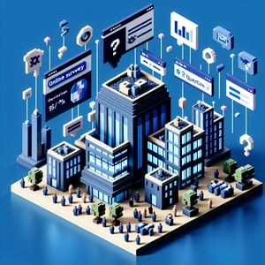 3D voxel art depicting online economic development surveys on a dark blue background.