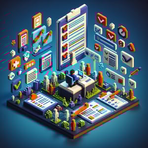 3D voxel art depicting an online survey concept, with a dark blue background, related to Covid for employees.