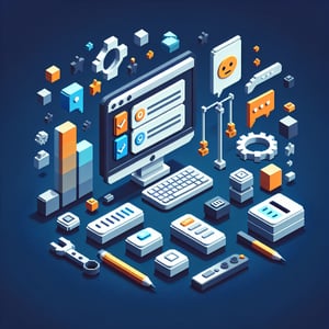 3D voxel art depicting online surveys, emphasizing best questions for SaaS satisfaction surveys, on a dark blue background.