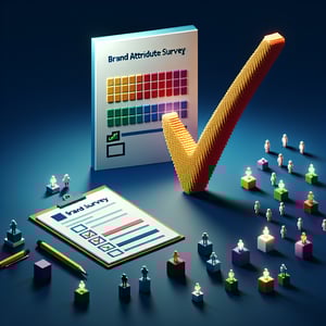 3D voxel art depicting online brand attribute surveys against a dark blue background.