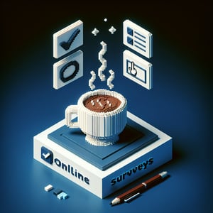 3D voxel art depicting an online survey with hot chocolate themed elements on a dark blue background.