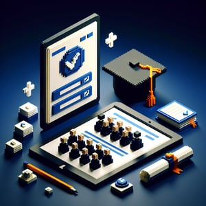 3D voxel art depicting online college satisfaction survey process on a dark blue background.