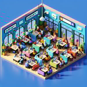 3D voxel art depicting online cafe surveys with a dark blue background, sans text or logos.