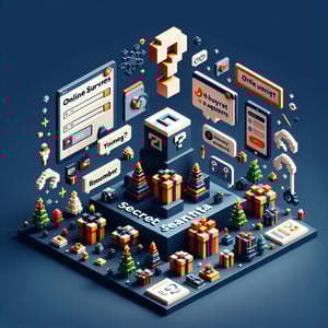 3D voxel art representing online Secret Santa surveys on a dark blue background.