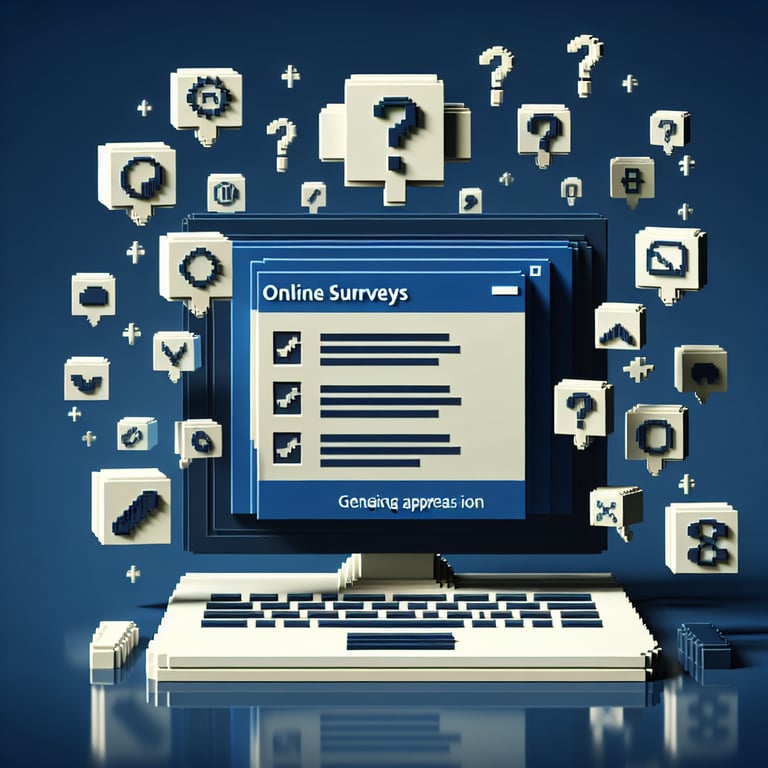 3D voxel art depicting the concept of engaging online customer surveys on a dark blue background.