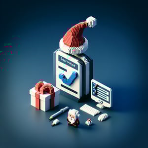 3D voxel art depicting an online survey concept, specifically for secret santa, on a dark blue background.