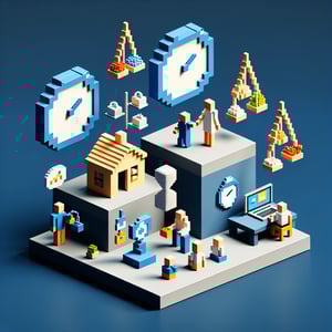 3D voxel art representing online surveys about family work life balance on a dark blue background.