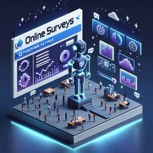 3D voxel art depicting online surveys related to Detroit Become Human game on a dark blue background.