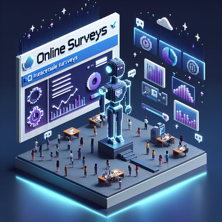 3D voxel art depicting online surveys related to Detroit Become Human game on a dark blue background.