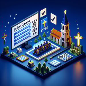 3D voxel art depicting online catholic parish survey process on a dark blue background.