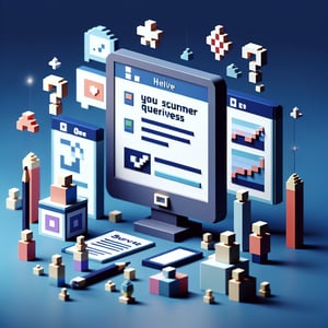 3D voxel art depicting online consumer awareness surveys on a dark blue background.