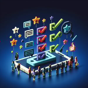 3D voxel art illustrating the concept of top 10 customer survey questions on a dark blue background.