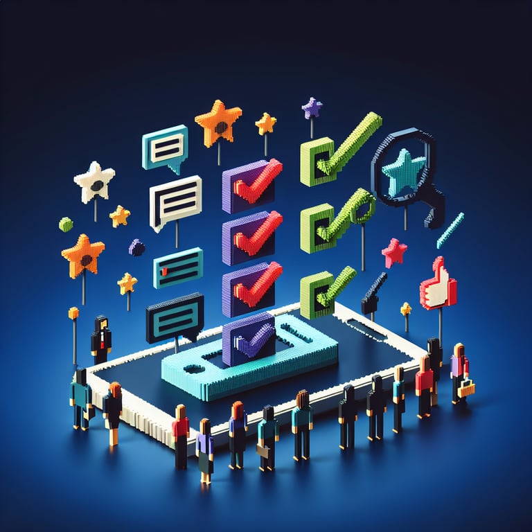 3D voxel art illustrating the concept of top 10 customer survey questions on a dark blue background.