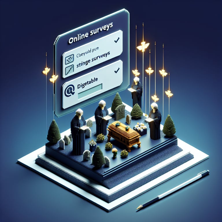 3D voxel art depicting the concept of online hospice surveys on a dark blue background.