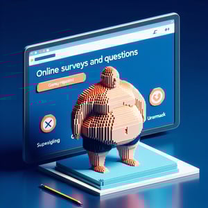 3D voxel art showing online obesity survey concept on a dark blue background.