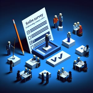 3D voxel art depicting online surveys, set against a dark blue background, representing company culture queries.
