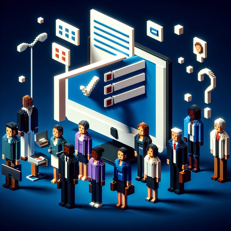 3D voxel art representing online surveys, symbolizing higher education employee engagement.