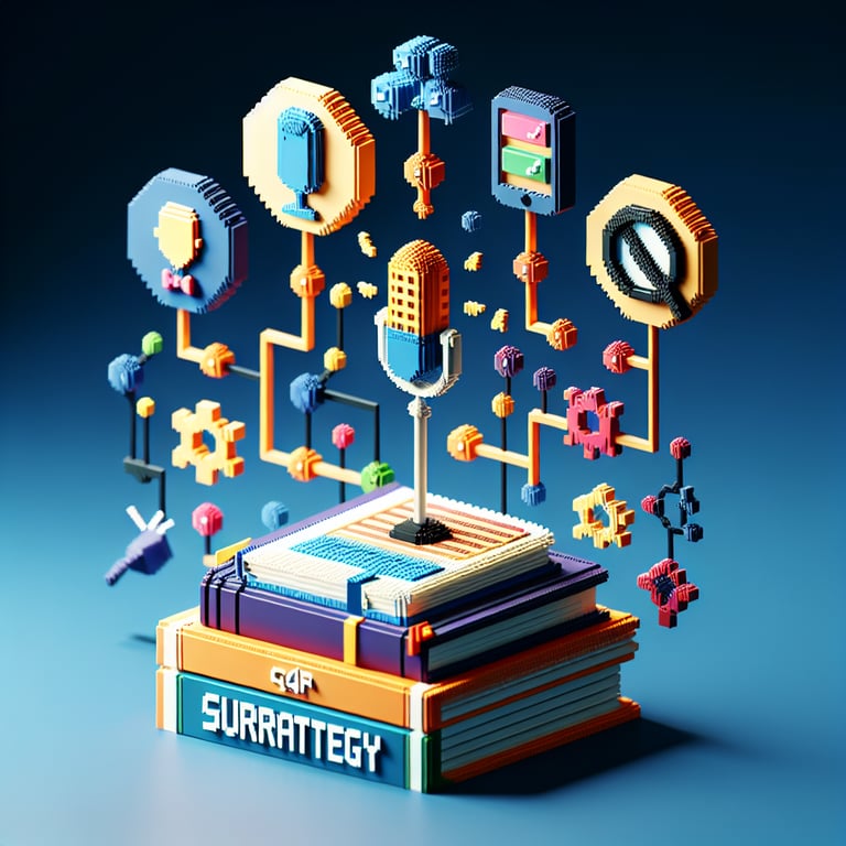 3D voxel art depicting the concept of SQ4R (Survey, Question, Read, Recite, Relate, Review) online surveys on a dark blue background.