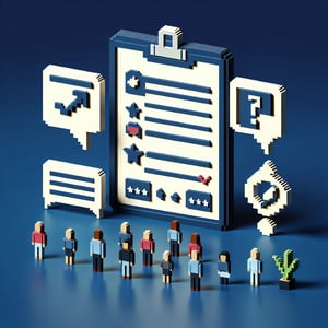 3D voxel art depicting online customer satisfaction surveys, set against a dark blue background.