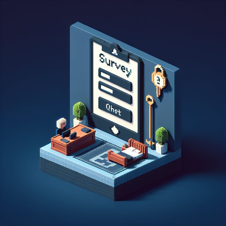 3D voxel art depicting online hotel guest satisfaction survey concept on a dark blue background.
