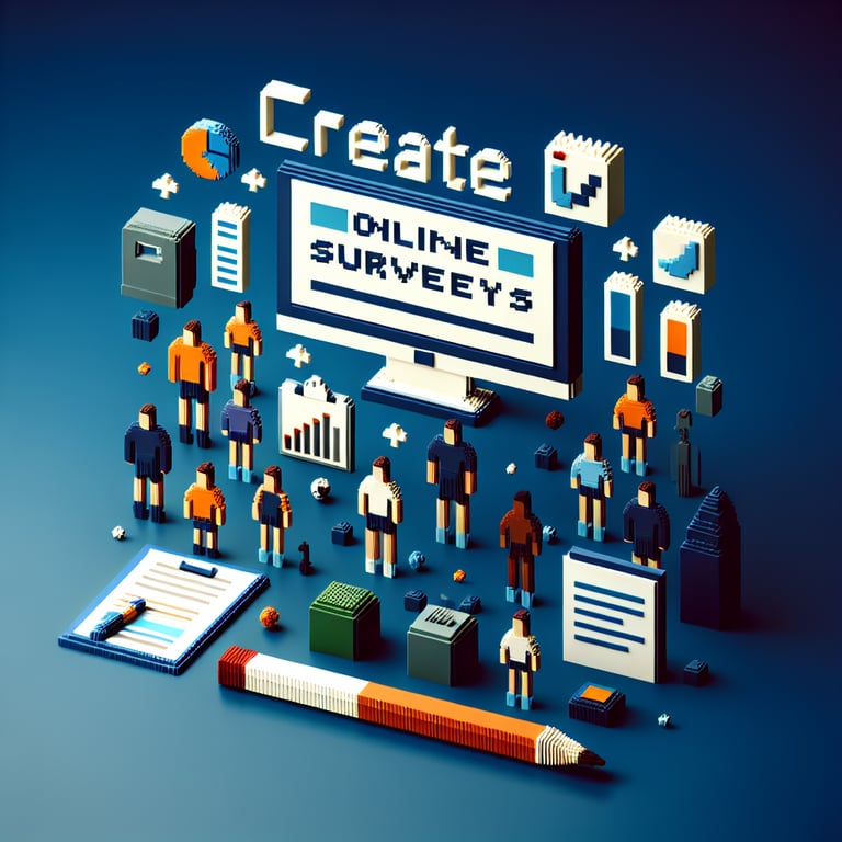 3D voxel art depicting online surveys with athletic-themed elements on a dark blue background.