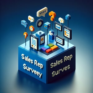3D voxel art depicting online sales rep surveys with a dark blue background.