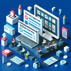 3D voxel art depicting online medication survey concept on a dark blue background.