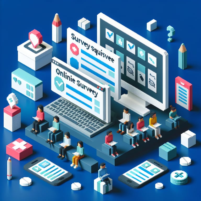 3D voxel art depicting online medication survey concept on a dark blue background.