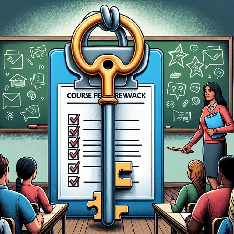 Illustration of a key unlocking a book symbolizing a comprehensive guide to Course Feedback survey questions.