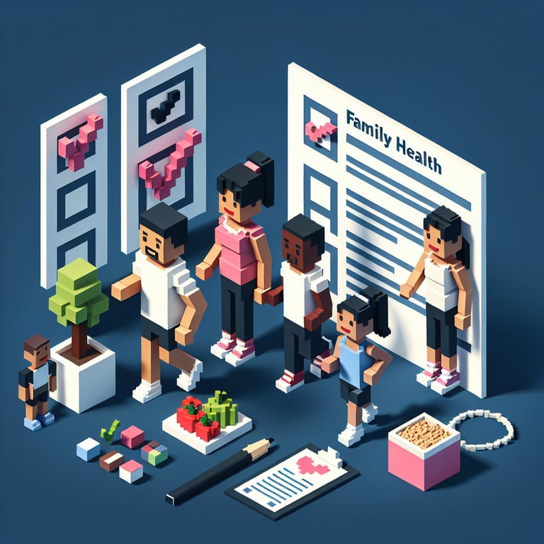 3D voxel art depicting the concept of online family health surveys on a dark blue background.