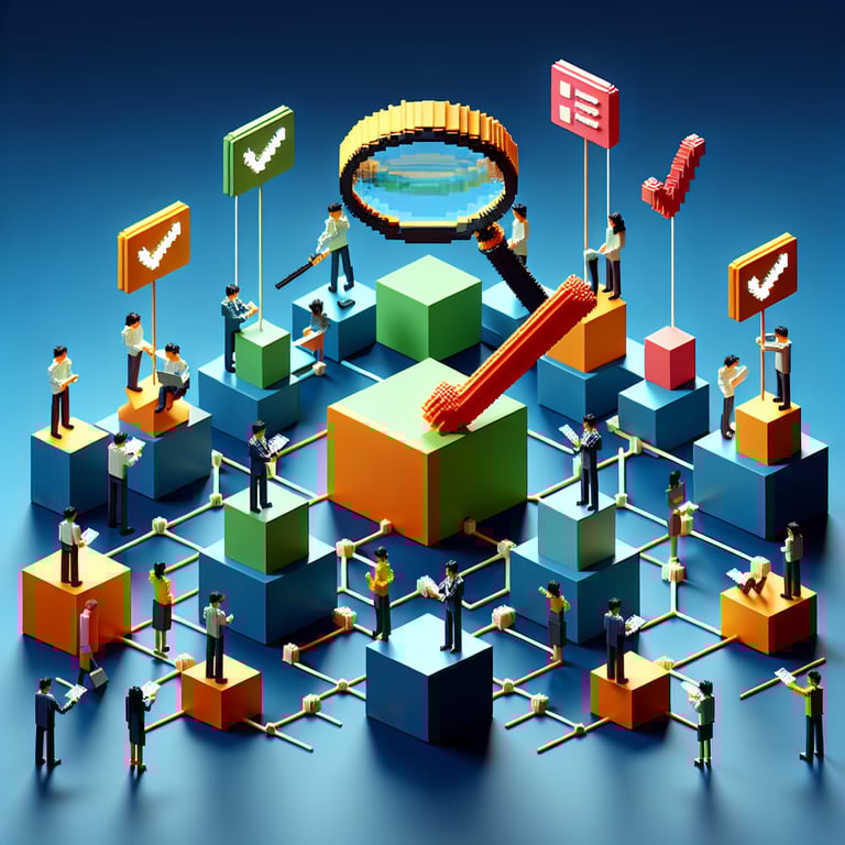 3D voxel art representation of online audit survey process on a dark blue background.