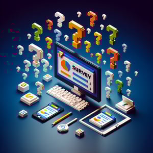 3D voxel art depicting online surveys on a dark blue background, emphasizing 