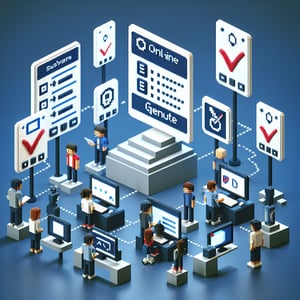 3D voxel art depicting the concept of online school surveys on a dark blue background.