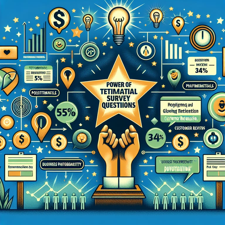 Illustration showcasing the impact of testimonial survey questions on profits and customer retention.