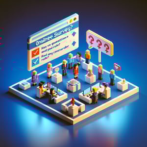 3D voxel art illustrating the concept of online gender role surveys on a dark blue background.