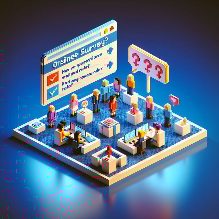 3D voxel art illustrating the concept of online gender role surveys on a dark blue background.