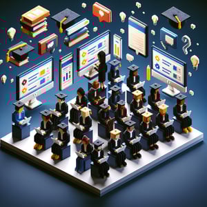 3D voxel art illustrating the concept of online educational background surveys on a dark blue background.