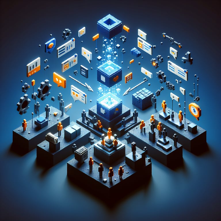 3D voxel art depicting online ad awareness surveys, featuring engaging elements on a dark blue background.