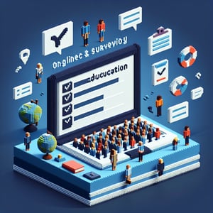 3D voxel art representing online demographic education surveys on a dark blue background.