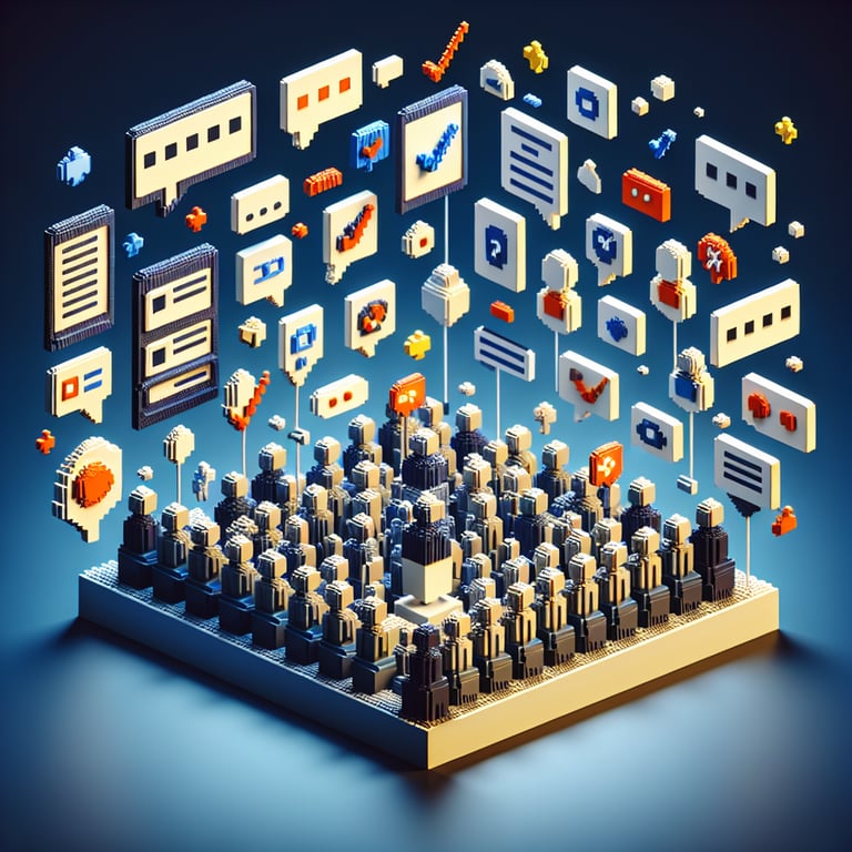 3D voxel art depicting online association membership survey process on a dark blue background.