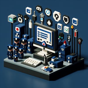3D voxel art depicting online police department survey process on a dark blue background.