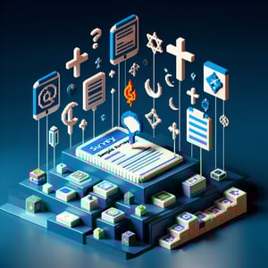 3D voxel art depicting online religion survey concept on a dark blue background.