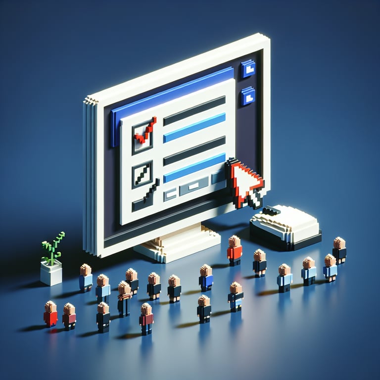 3D voxel art depicting online surveys, with a dark blue background, representing ARPA survey questions.