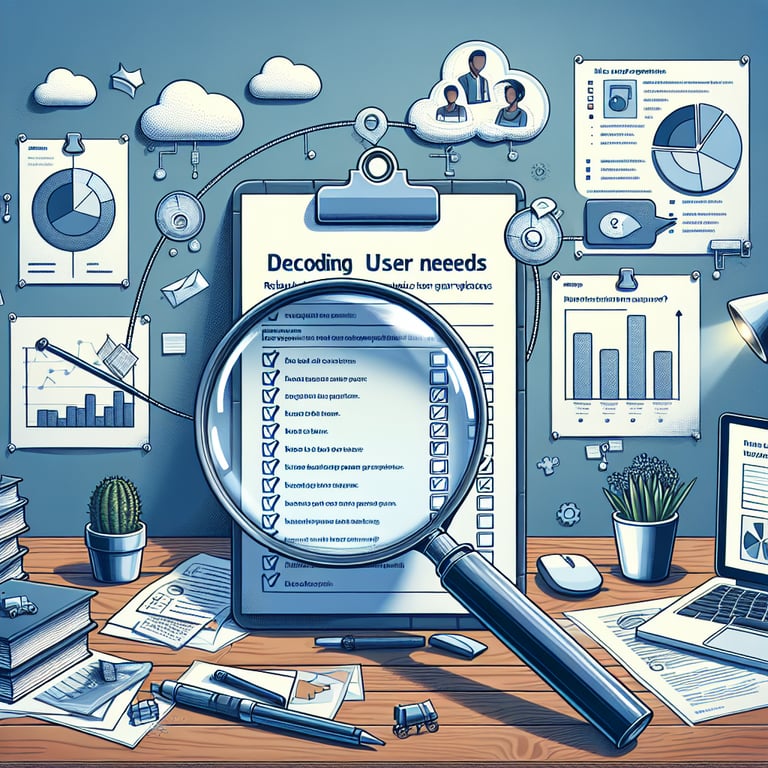 Illustration depicting relevant topics for decoding user needs in user survey questions.